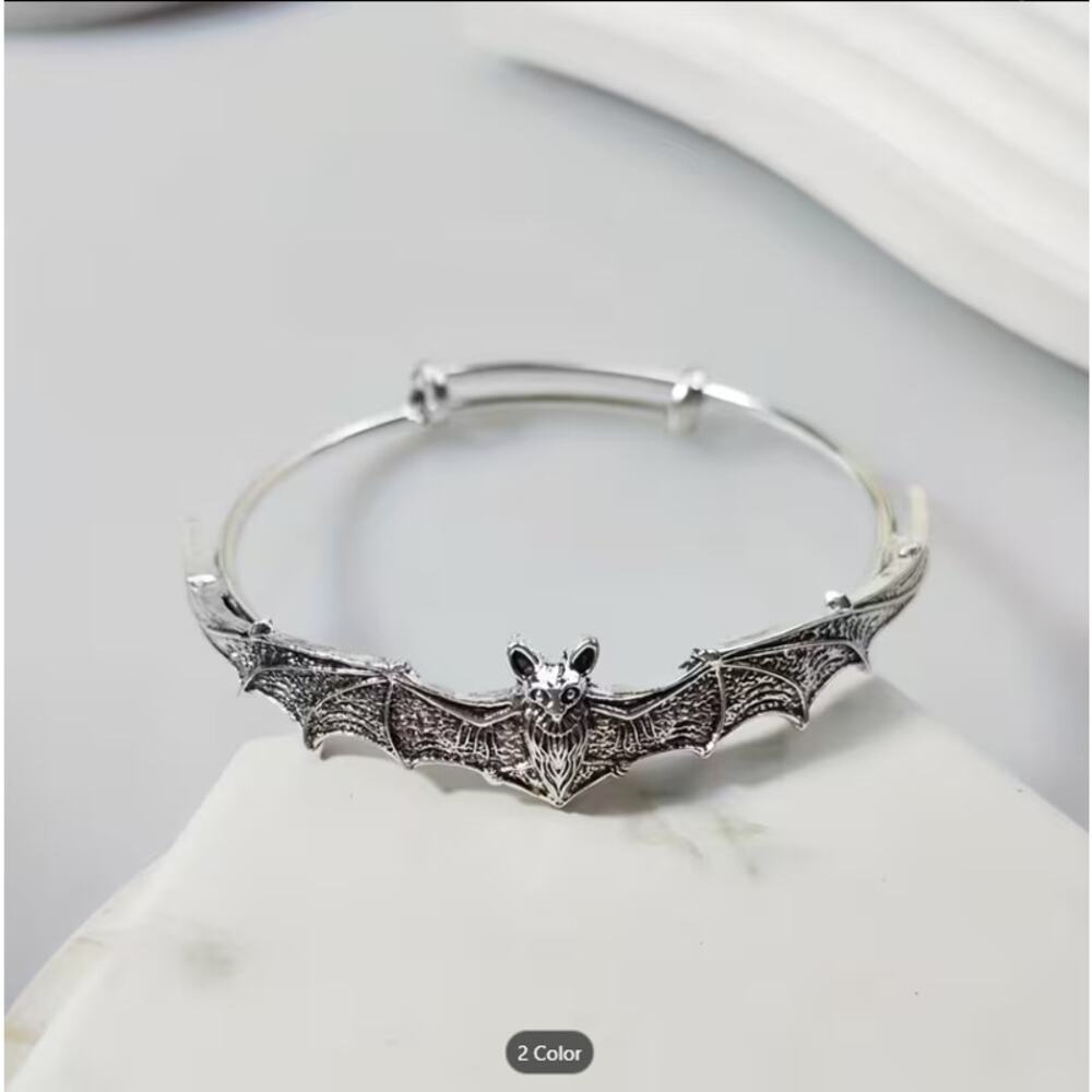 Gothic Silver Bat Bracelet – Adjustable Open Cuff Bangle, Vintage Bat Wing